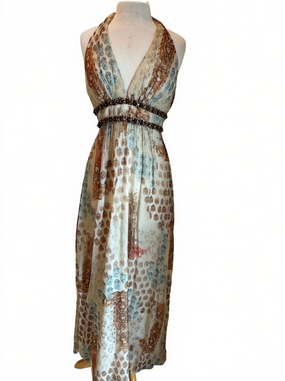 Kay Unger Halter Maxi Dress in Ivory, Brown and Soft Blue